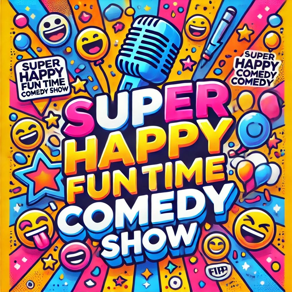 This image is a vibrant and colorful advertisement for the "Super Happy Fun Time Comedy Show." The design is playful and features emojis, balloons, stars, and other festive elements, along with a large microphone in the center. The cheerful colors and lively visuals emphasize the fun and energetic atmosphere of the comedy show.