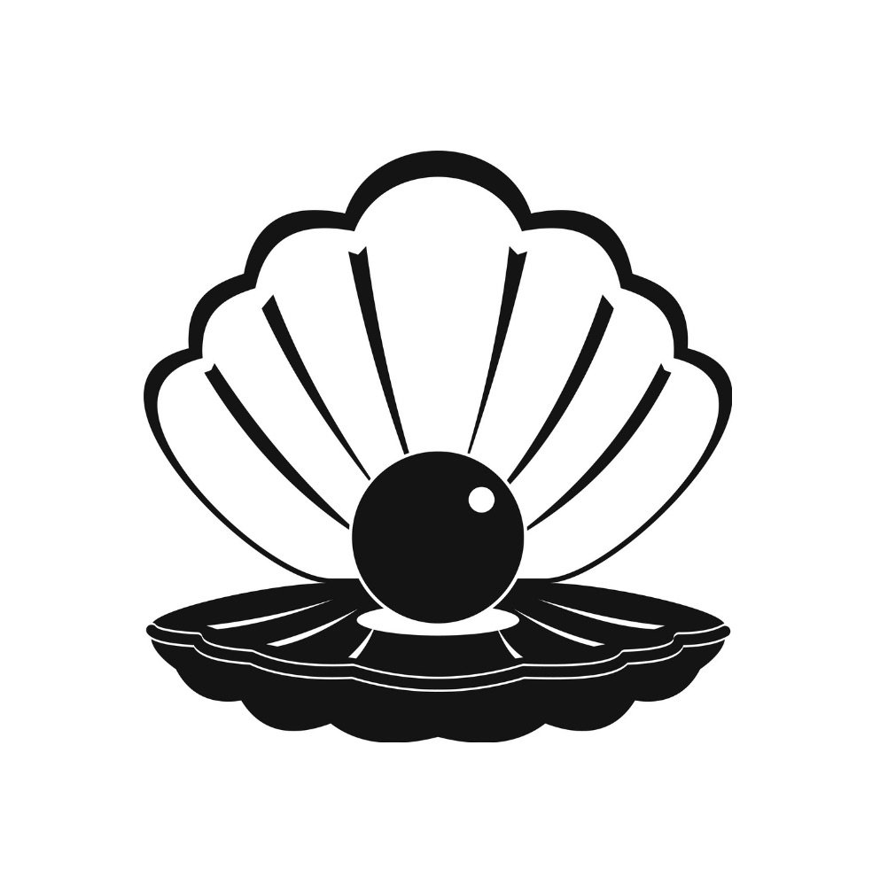 This image features a clean and elegant black-and-white depiction of an open oyster shell, showcasing a prominent pearl at its center. The design is simple yet striking, emphasizing sophistication and natural beauty. Perfect for use as a logo or symbol, the minimalistic style ensures versatility across various applications.