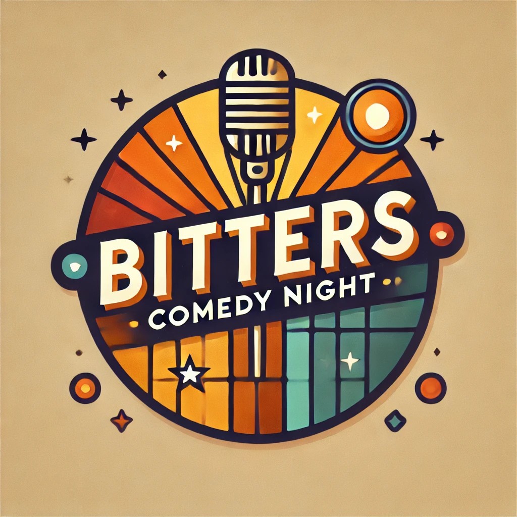 This image appears to be a logo or promotional graphic for Bitters Comedy Night. The design features a retro-inspired circular emblem with a microphone at the top, symbolizing stand-up comedy or live performances. The background includes sunburst rays and geometric patterns in vibrant shades of orange, yellow, green, and blue, adding a fun and dynamic feel. The overall design is playful, with decorative stars and circles, reinforcing the lighthearted theme of a comedy night.